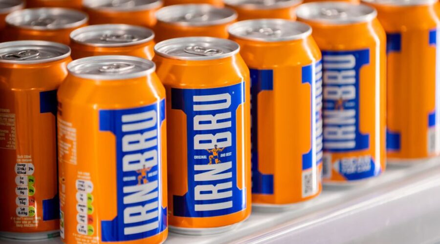 Cans of IRN-BRU Scottish soft drink on display at Invergordon Bar