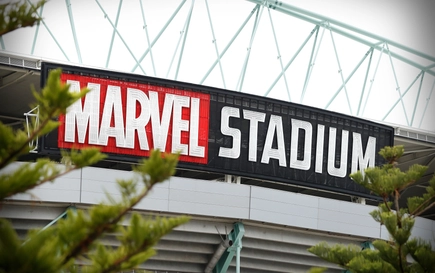 Marvel Stadium sign overlooking Victoria Harbour in Docklands Melbourne