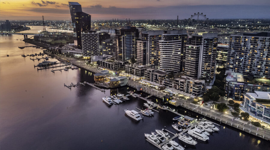 Aerial view of Docklands Promenade, NewQuay marina, and apartment buildings in Melbourne