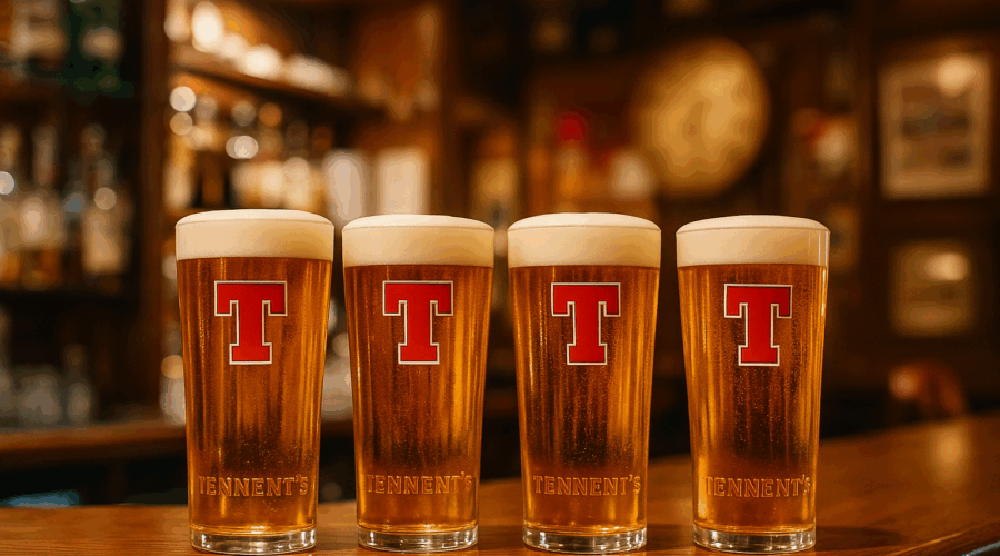 Four pints of Tennent’s Lager lined up on a polished wooden bar in a traditional British-style pub in Melbourne.