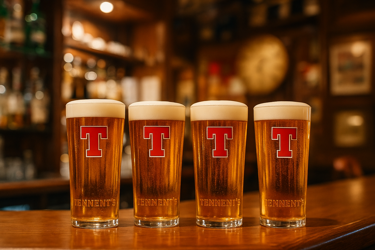 Four pints of Tennent’s Lager lined up on a polished wooden bar in a traditional British-style pub in Melbourne.