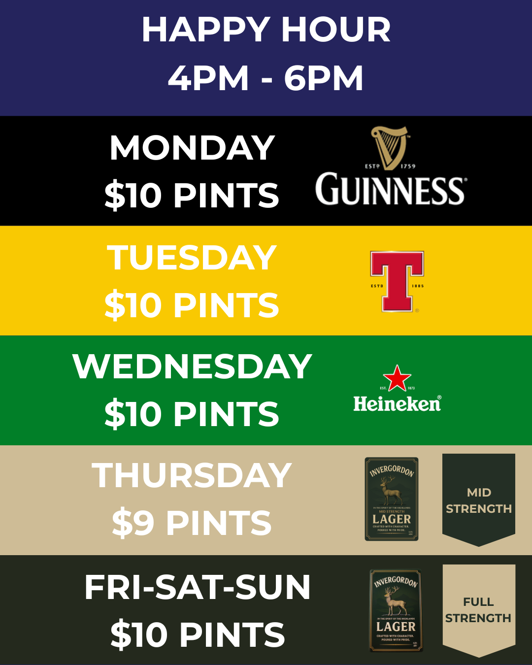 Invergordon Bar Happy Hour — $10 Pints, $8 House Wine, 4–6pm Daily